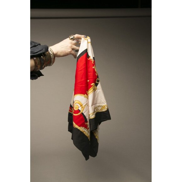 Red Black White Gold Abstract Floral Scarf Vintage Accessories - Picture 3 of 3